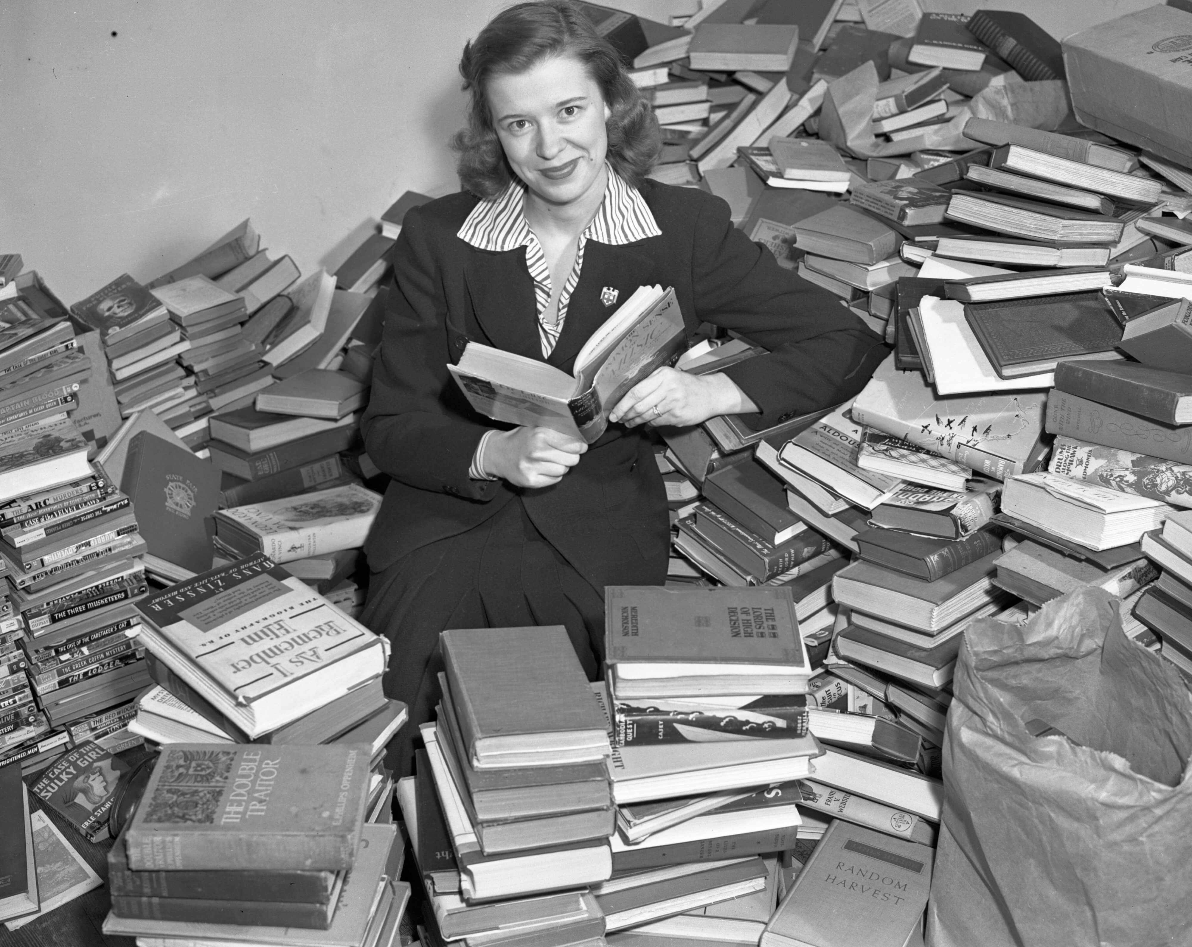 World War 2 librarian with donated books
